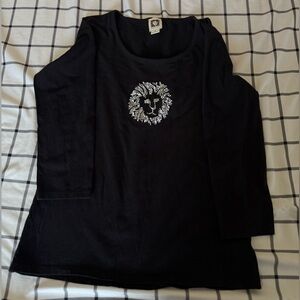 Anne Klein Black Long Sleeve Tee with Lion Design